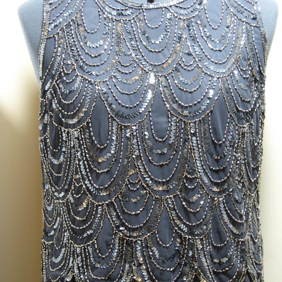 J Kara Beaded Sleeveless Denim Blue Gown with Scarf - Picture 3 of 3